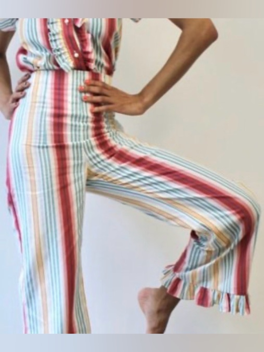 Batsheva Cotton Striped Pants Ruffle Hem Zip Up Multicolor Size 8